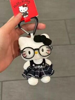 Hello Kitty Plush Keychain with  Black Glasses and Black Bow